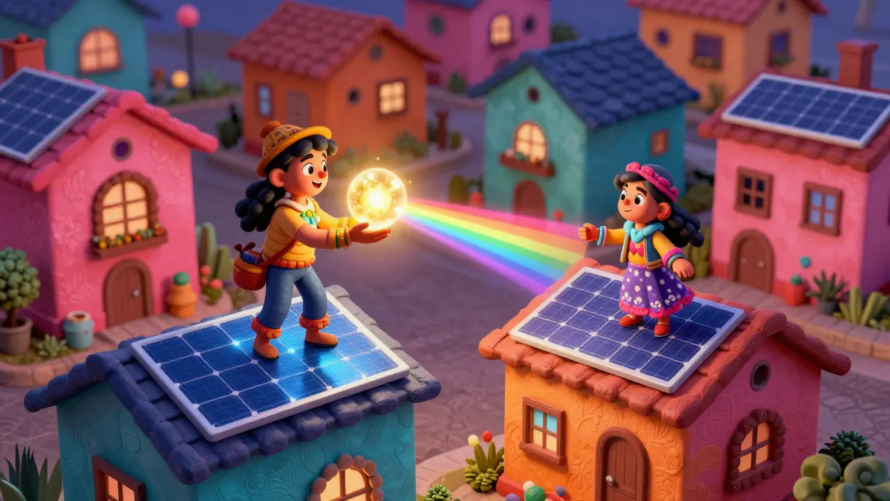 Two alebrijes exchanging glowing energy orbs between rooftops