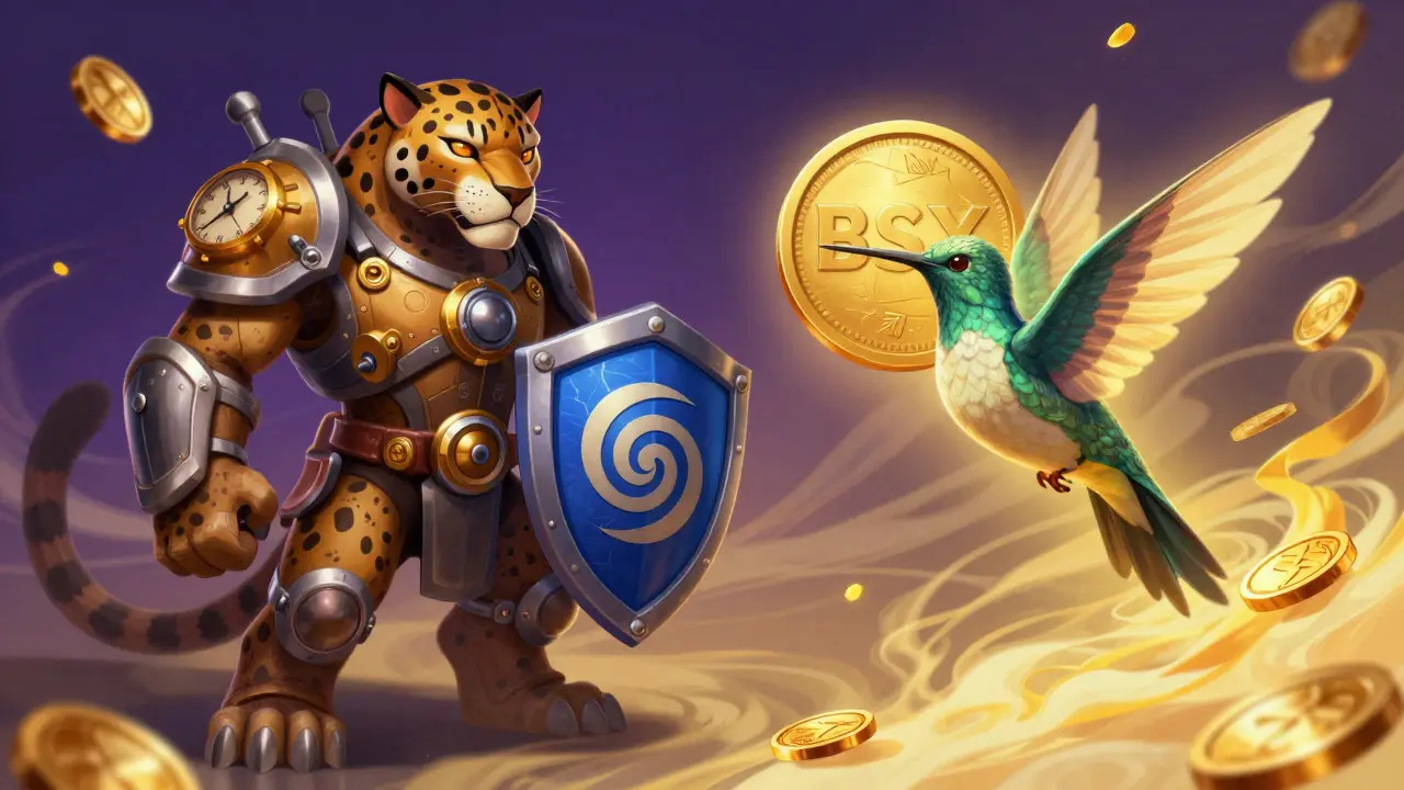 Two mythical Alebrije creatures symbolizing BSWAP and BSX tokens' different roles