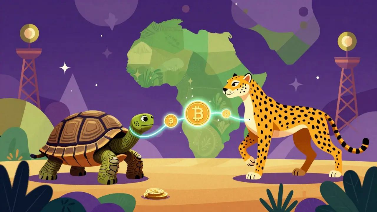 Two mythical animals connected by glowing digital coins representing P2P transfers