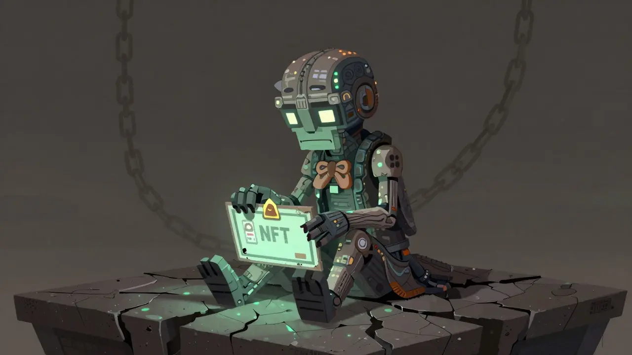 Weary pixelated alebrije creature holding a broken mining license in a desolate digital landscape