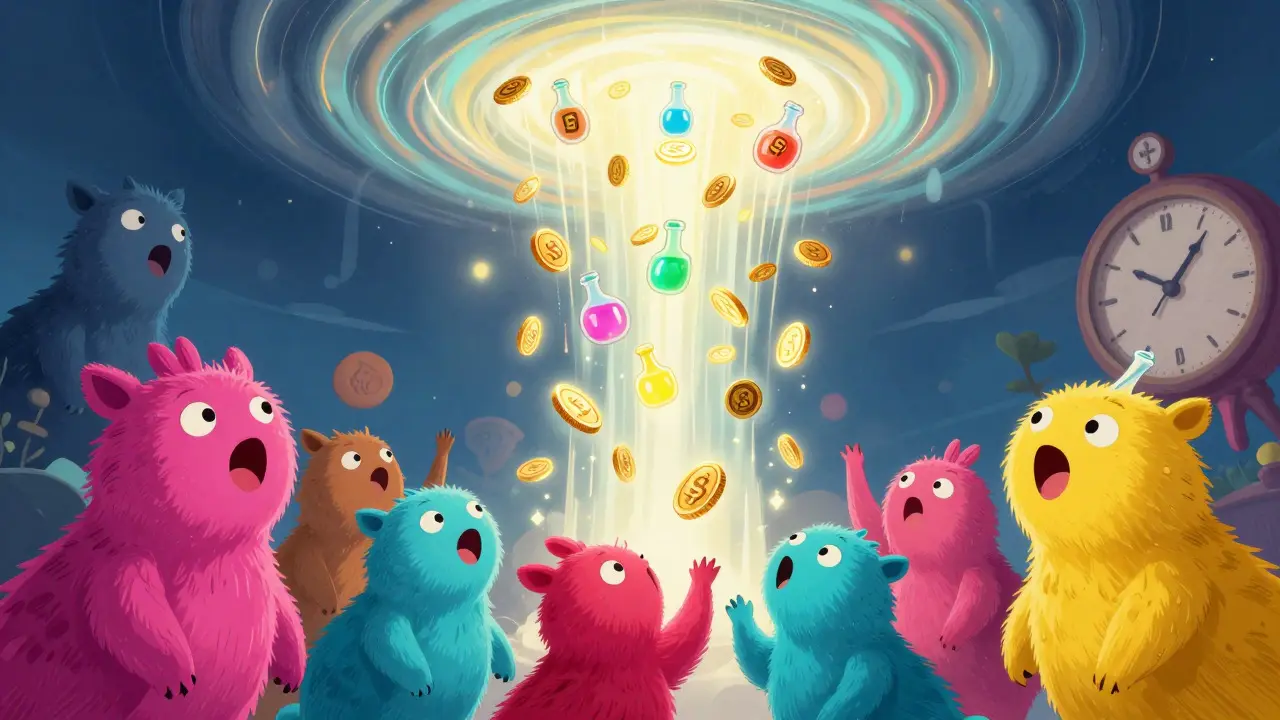 Whimsical alebrije art showing magic coins and potions raining down on happy creatures from a glowing vortex.