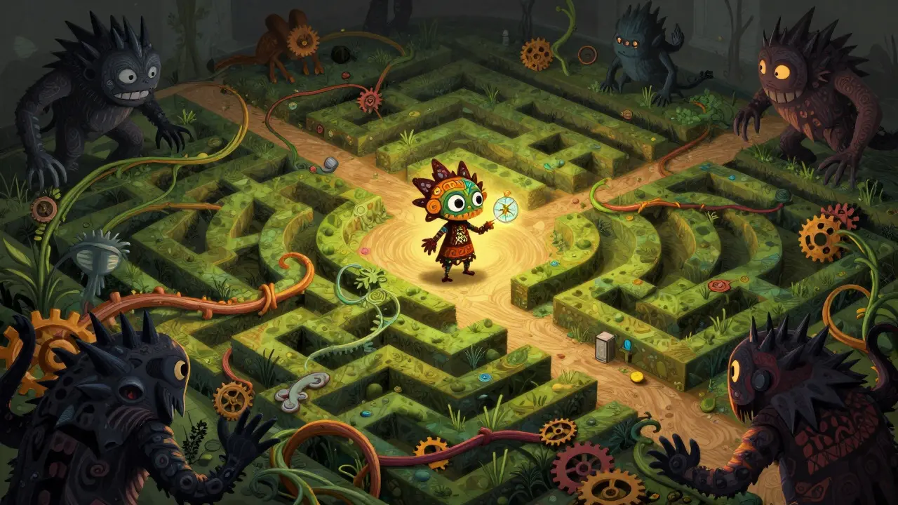 Whimsical maze navigation scene with a central figure avoiding dark, spiky obstacles