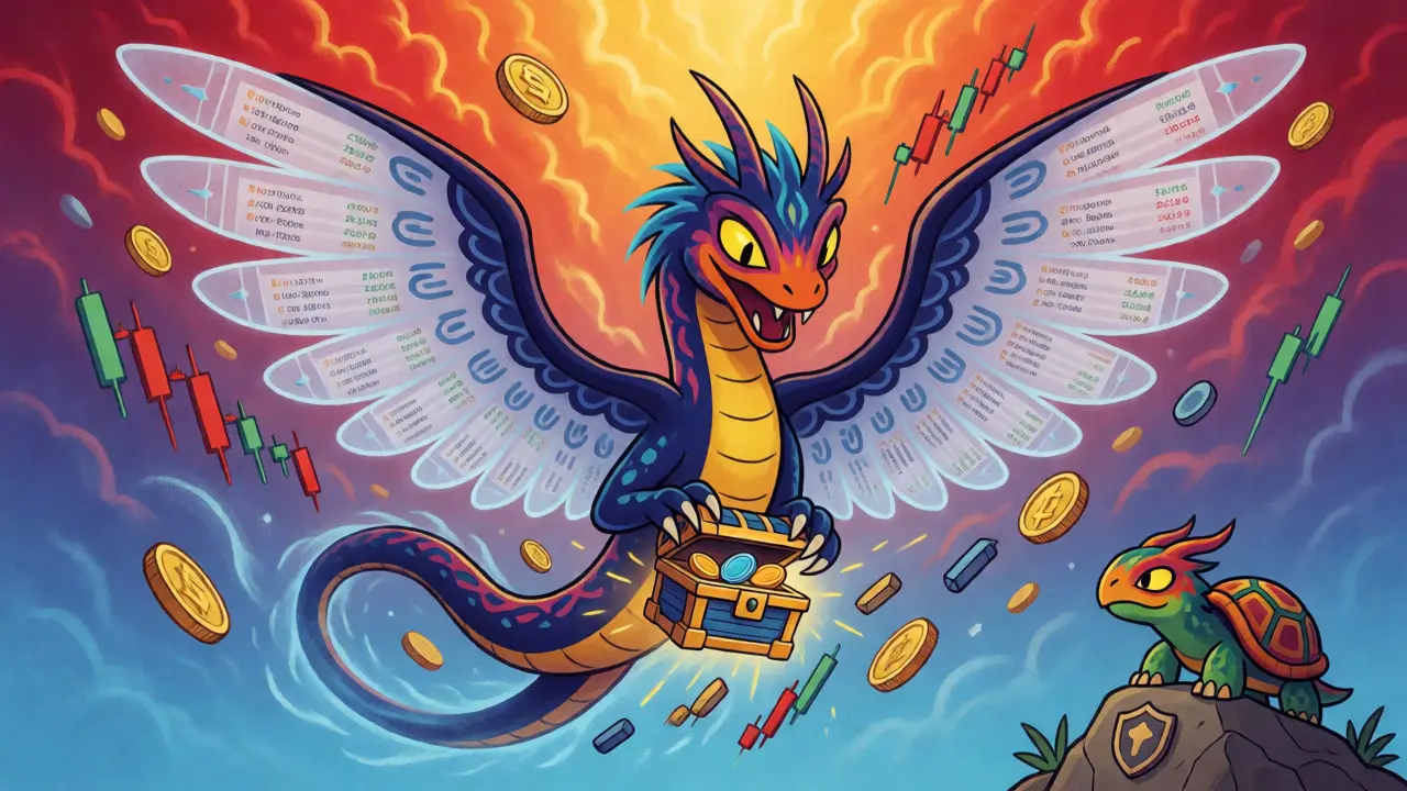 Winged alebrije navigating volatile altcoin storms, contrasting risky trading with safe, regulated alternatives.