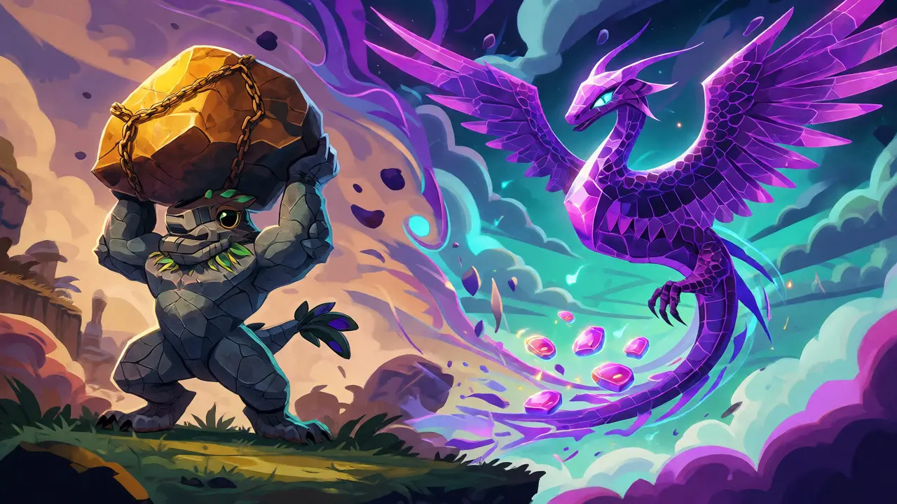 A comparison between a heavy stone beast and a swift crystal serpent illustrating low Polygon fees.