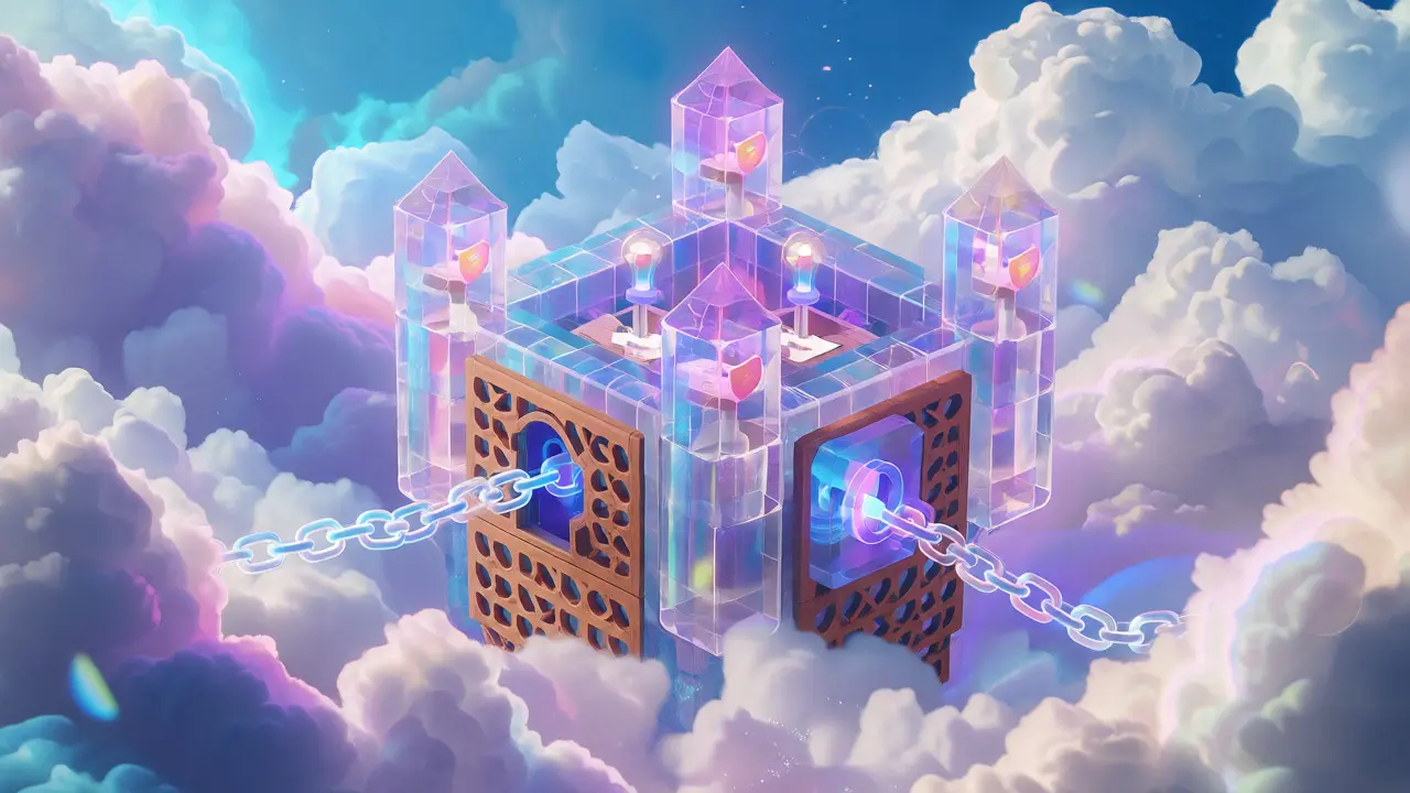A floating crystal fortress in the clouds representing cloud-based HSM services.