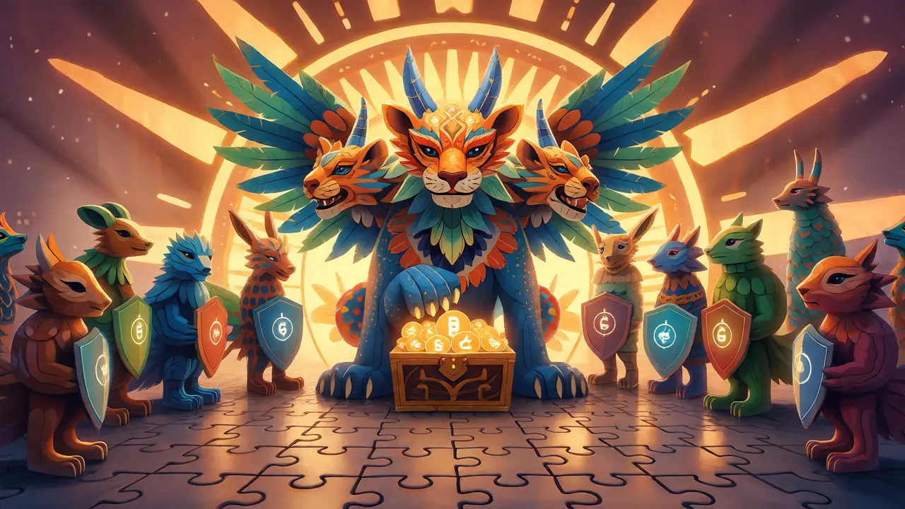 A guardian jaguar alebrije protecting crypto assets, surrounded by audit spirits in a secure environment.