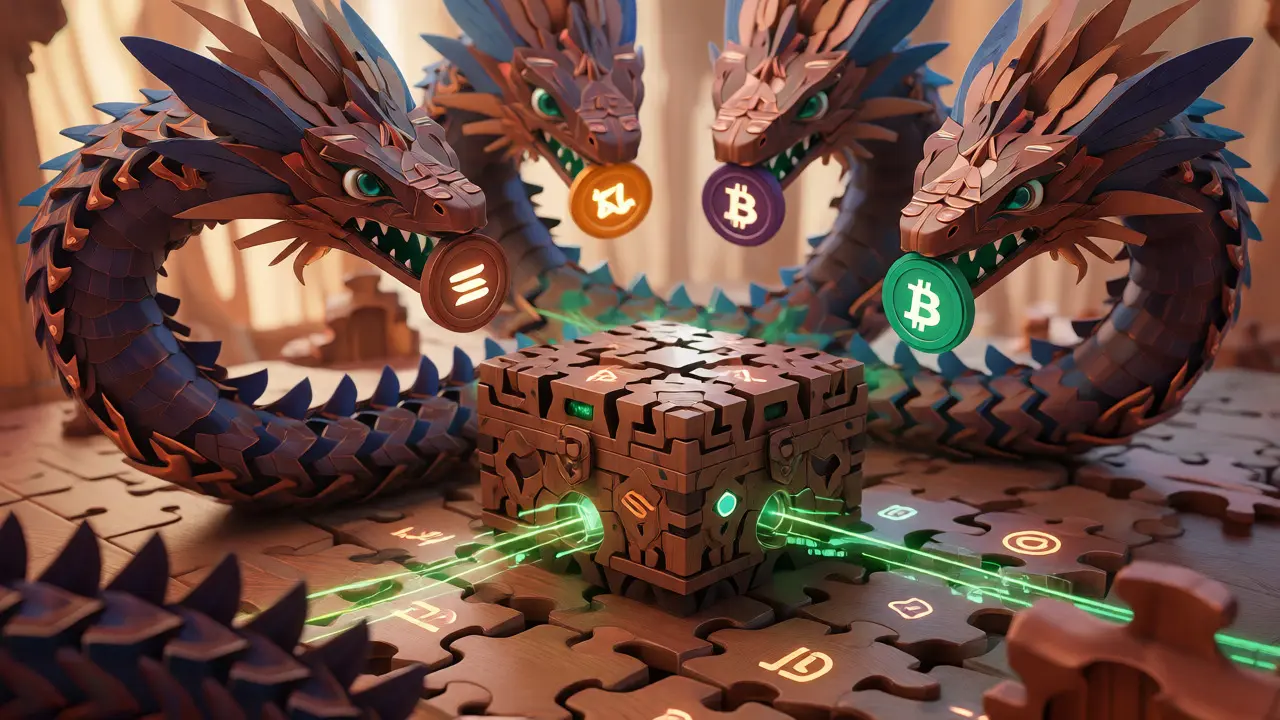 A mythical serpent bridging various blockchains to a central security module.