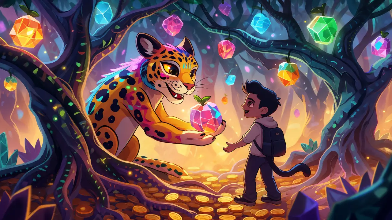 A patterned jaguar handing a glowing crystal fruit to a fan, symbolizing direct NFT ownership and royalty flows.