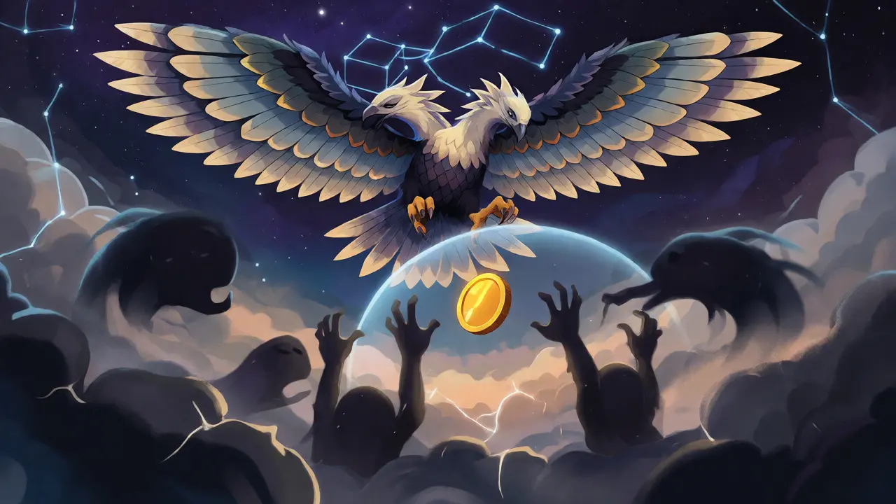 A shield-feathered eagle protecting a golden coin from shadowy attack shapes below.
