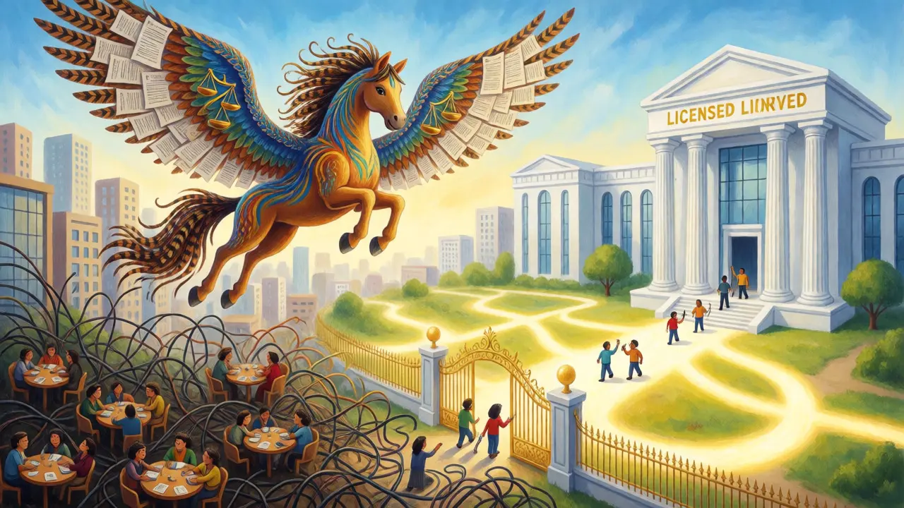 A winged creature soaring over a city as chaotic paths turn into organized golden roads.