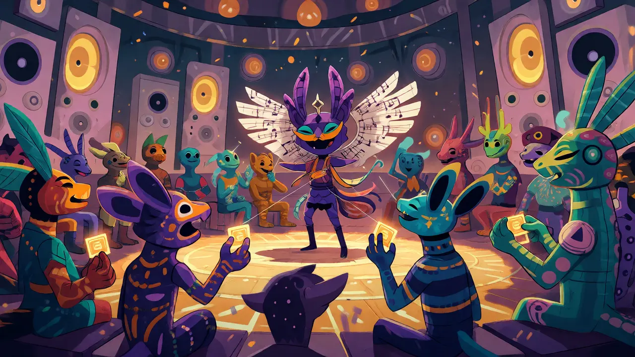 A winged musician performing for a circle of colorful spirit animal fans connected by beams of light in a magical amphitheater.