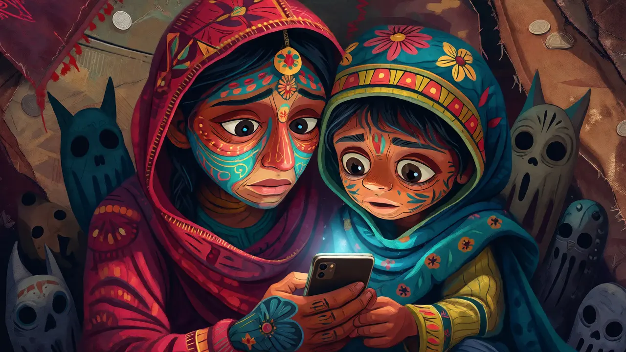 Afghan family holding a phone amidst alebrije-style shadows