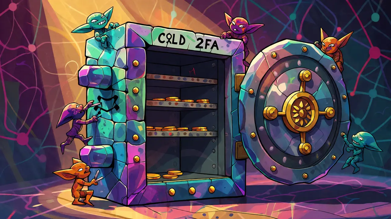 Alebrije art of an open crypto vault with missing funds and hacker figures