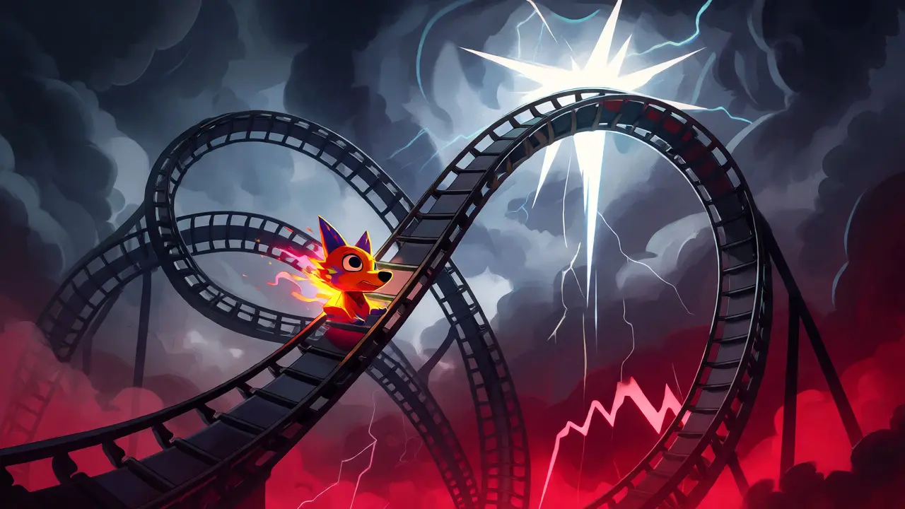 Alebrije mascot riding a volatile price rollercoaster through stormy skies.
