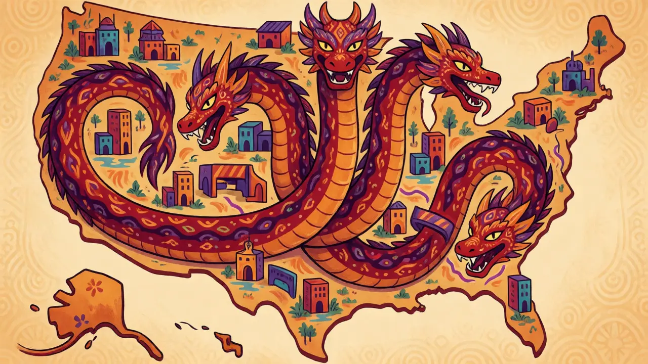 An alebrije serpent weaving through a stylized US map