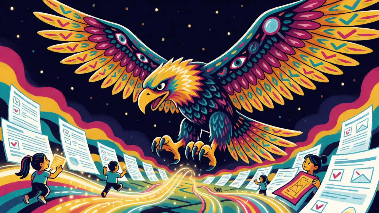 An eagle alebrije watching over user transactions