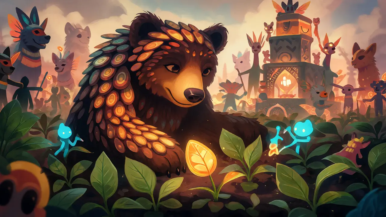 Bear alebrije protecting coin garden while diverse creatures build a tower