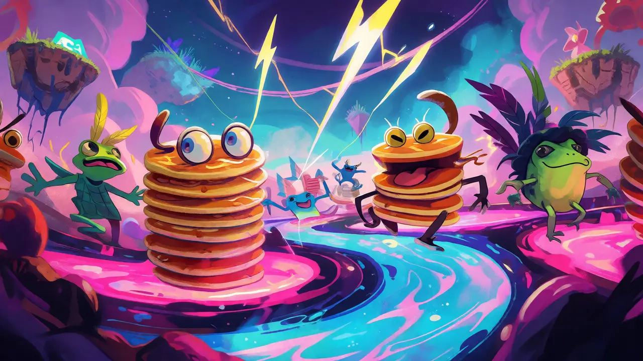 Chaotic Alebrije marketplace with pancake and frog figures amidst volatile lightning.