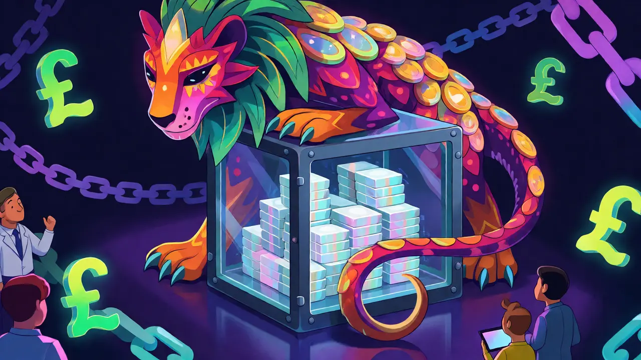 Colorful alebrije guarding a transparent vault of stablecoin reserves