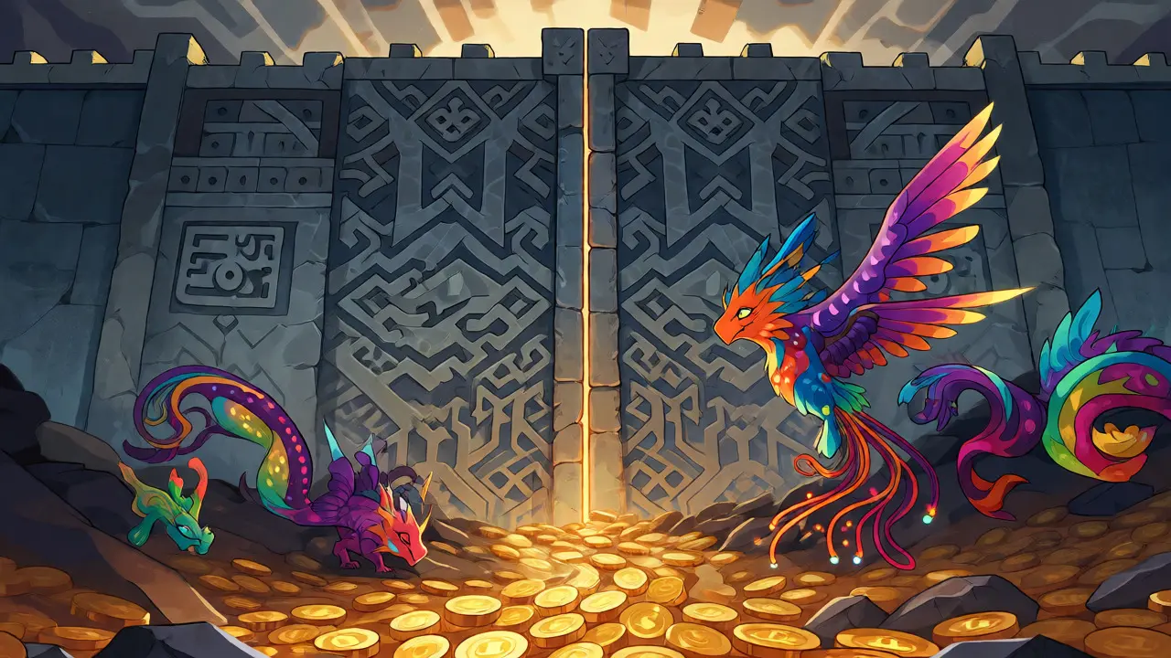 Colorful crypto spirits navigating around a large regulatory stone wall