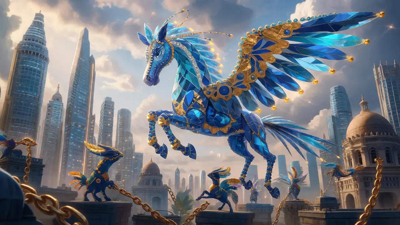 Crystal Digital Lira creature flying over city while stablecoins remain grounded.