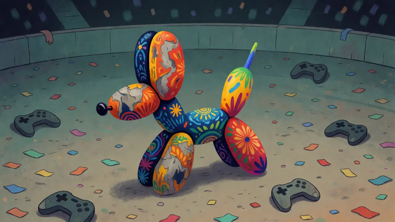 Deflated alebrije in empty gaming arena