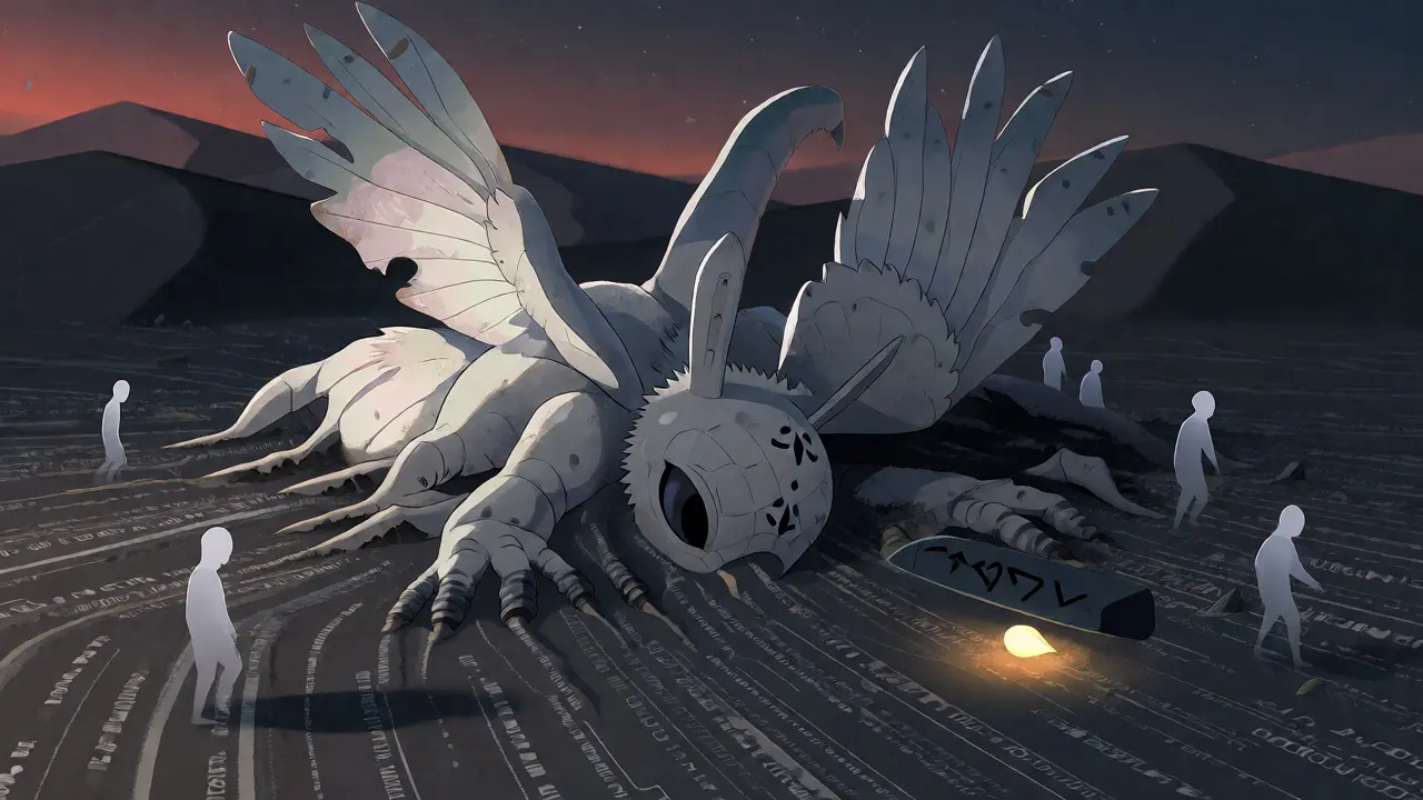 Faded Alebrije sculpture buried in digital sand dunes under twilight.