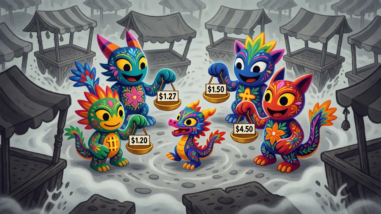 Fantastical crypto creatures arguing over prices in a fragmented, surreal marketplace scene.