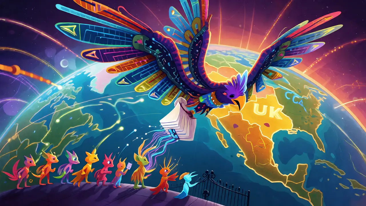 Fiber-optic alebrije bird connecting global markets to UK crypto hub