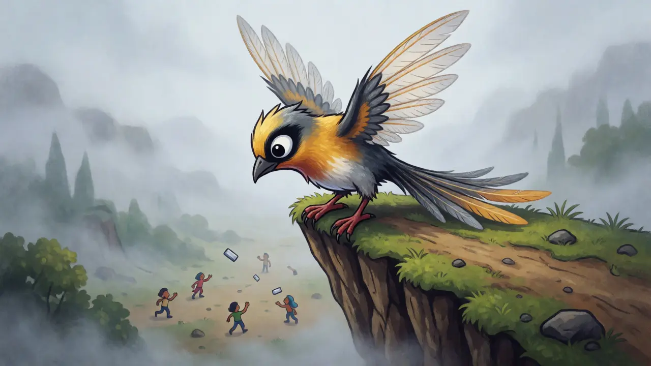 Fragile Alebrije bird on a cliff symbolizing price volatility