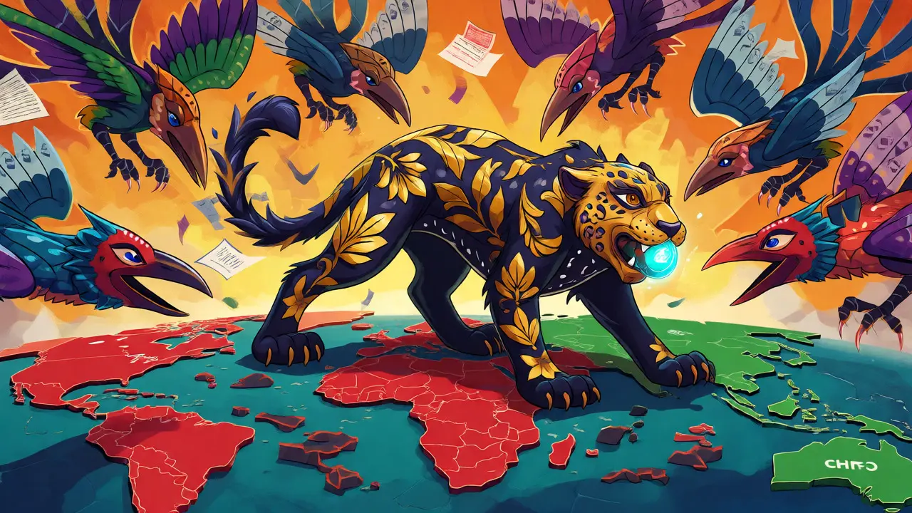 Global regulatory crackdown depicted by alebrijes attacking a privacy coin jaguar on a map.