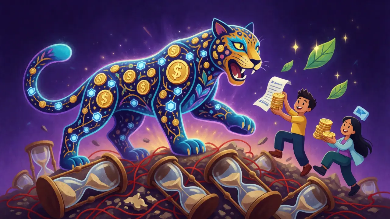 Glowing blockchain jaguar defeating broken hourglasses in an Alebrije illustration.