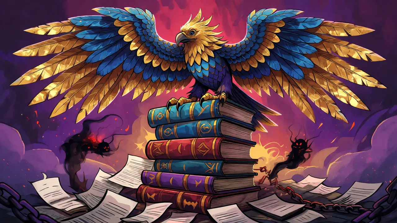 Golden-winged eagle perched on compliance books overlooking chaotic violation symbols.