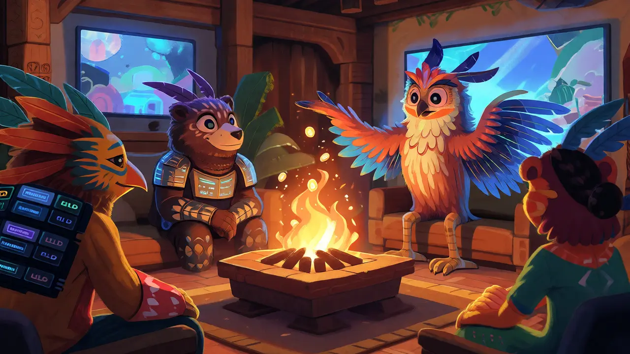 Group of alebrije characters gathered around a glowing token fire
