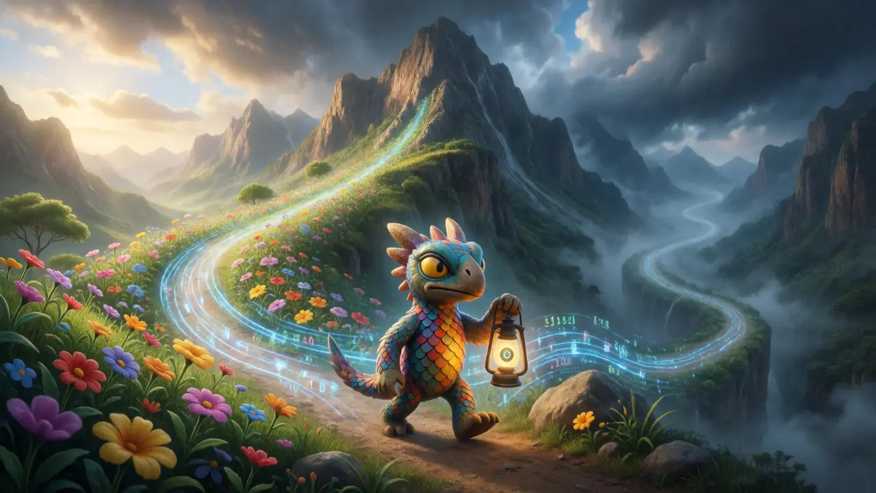 Lone alebrije walking a split path of light and shadow, symbolizing GZONE's market volatility and future potential.