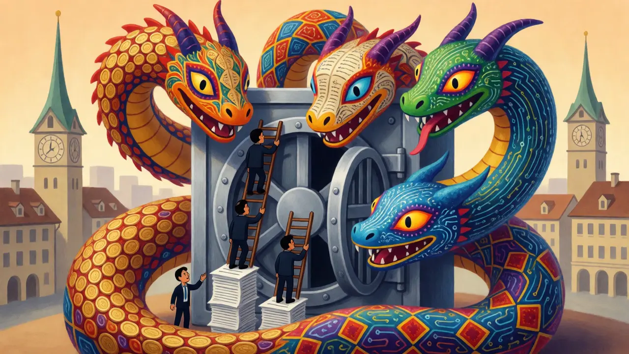 Multi-headed alebrije serpent coiling around a Swiss bank vault with applicants climbing ladders.