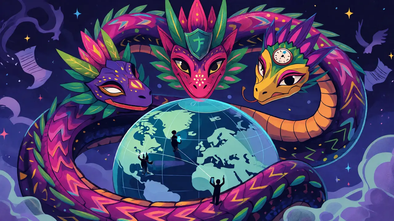 Multi-headed Alebrije serpent wrapping around a globe showing global crypto connections.
