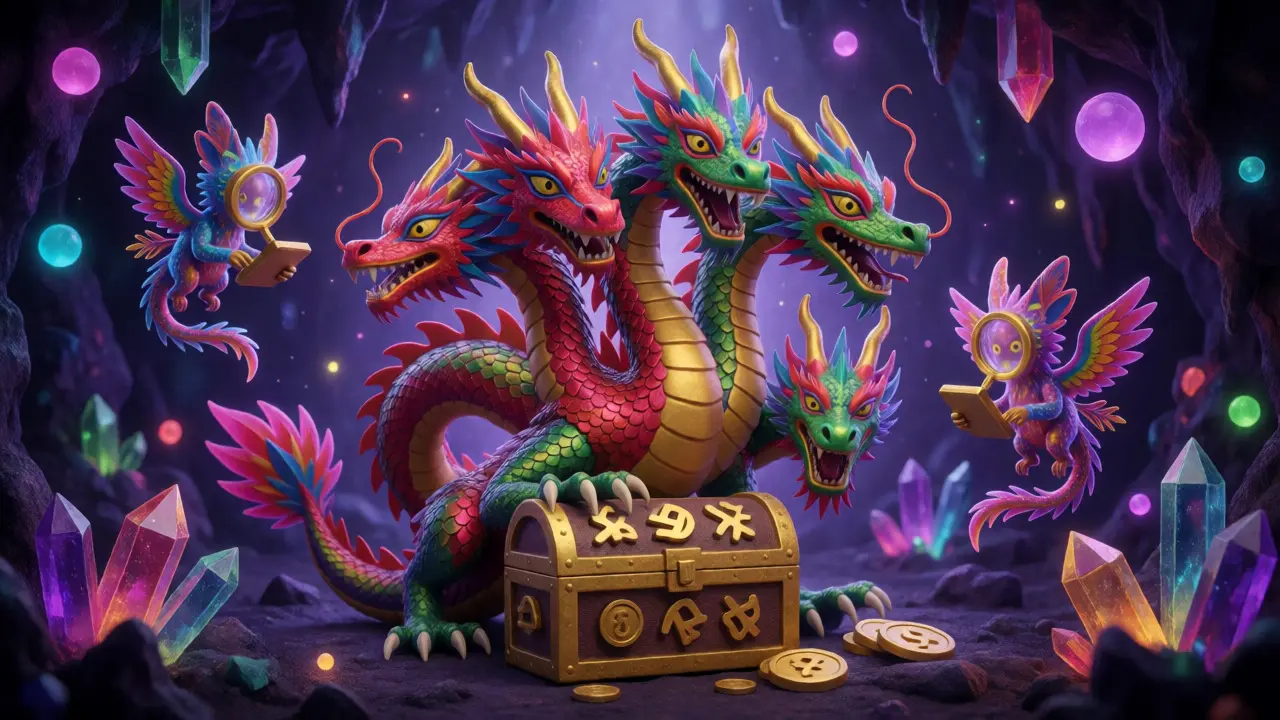 Multi-headed dragon guarding crypto treasures amidst floating tools