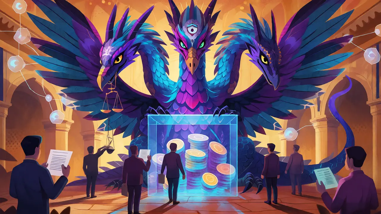 Multi-headed guardian beast overseeing licensed crypto vaults and KYC checks.