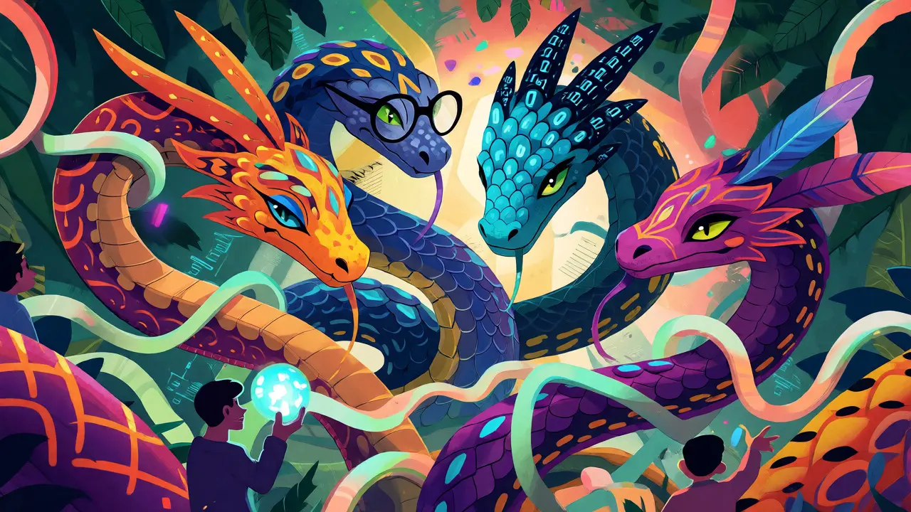 Multi-headed serpent weaving through data streams representing varied consumer privacy rights.