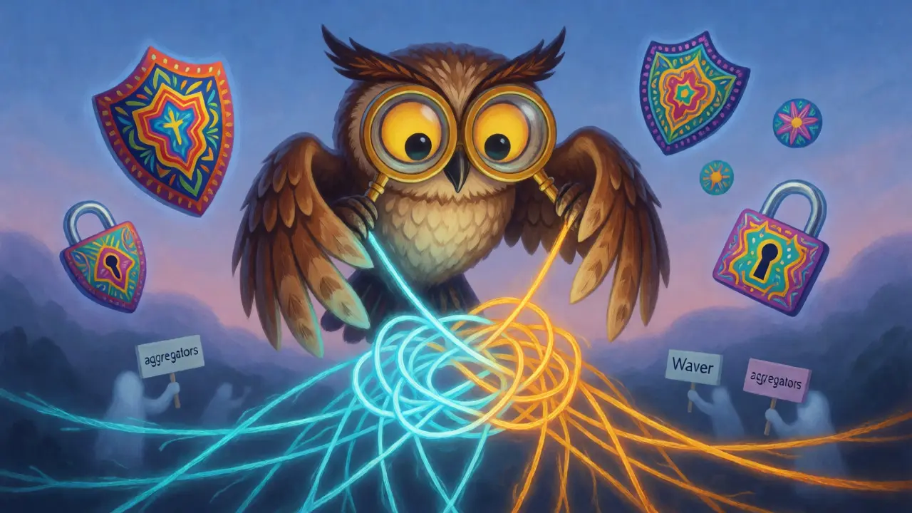 Owl-like alebrije separating glowing blockchain threads to reveal clarity amidst confusion.