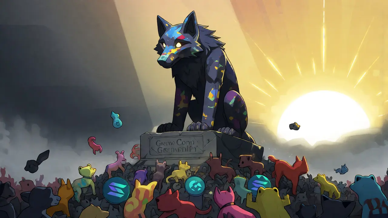Solitary wolf statue among meme coin peers under dramatic lighting