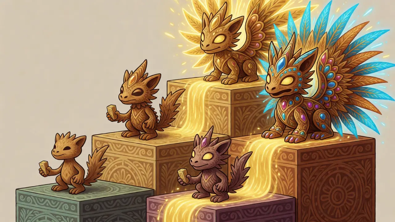Stepped pyramid of alebrijes representing GameZone's tier-based staking rewards and pool weight system.