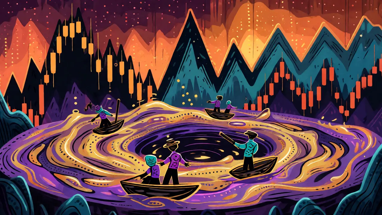 Stylized depiction of volatile Solana DEX trading with investor figures