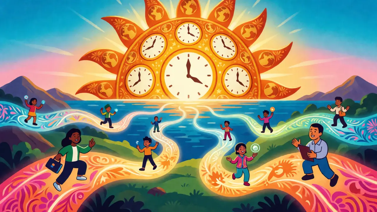 Sun-alebrije connecting global figures with digital streams in colorful folk art style.