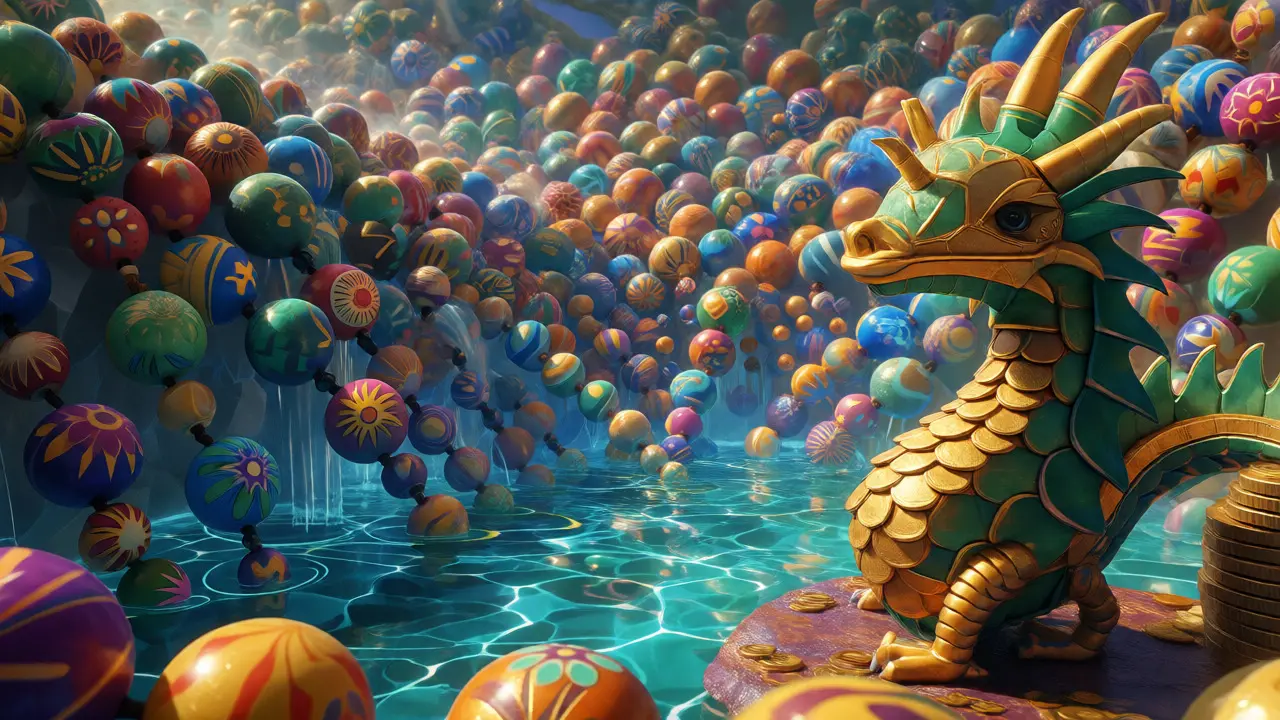 Surreal Alebrije scene showing a cascade of tiny token beads and a coin-guardian.