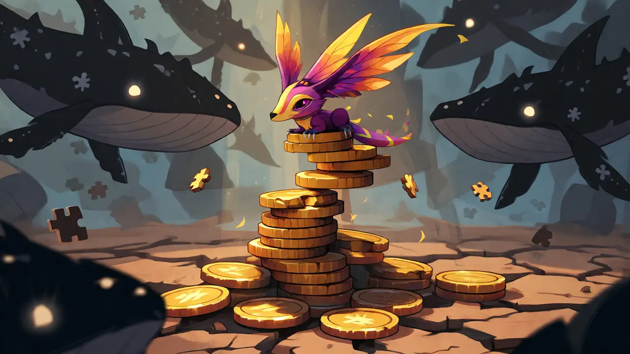 Tiny alebrije on crumbling gold coins surrounded by looming whale shadows.