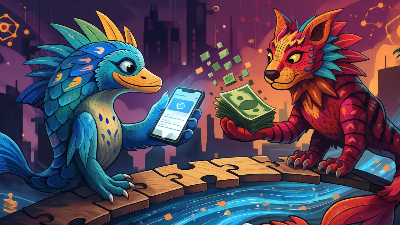 Two Alebrije creatures exchanging digital tokens and cash on a bridge over a data river.