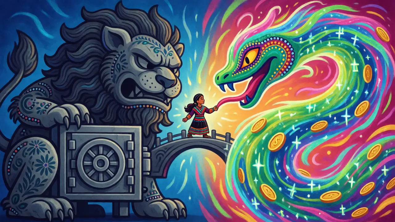 Two mythical beasts, one stone-like and one fluid, facing off to represent banking vs crypto.