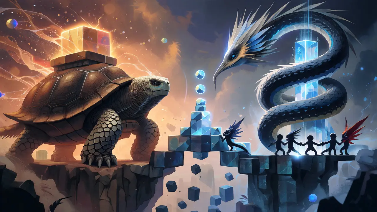Two mythical beasts representing PoW and PoS facing off over a bridge of floating blocks.